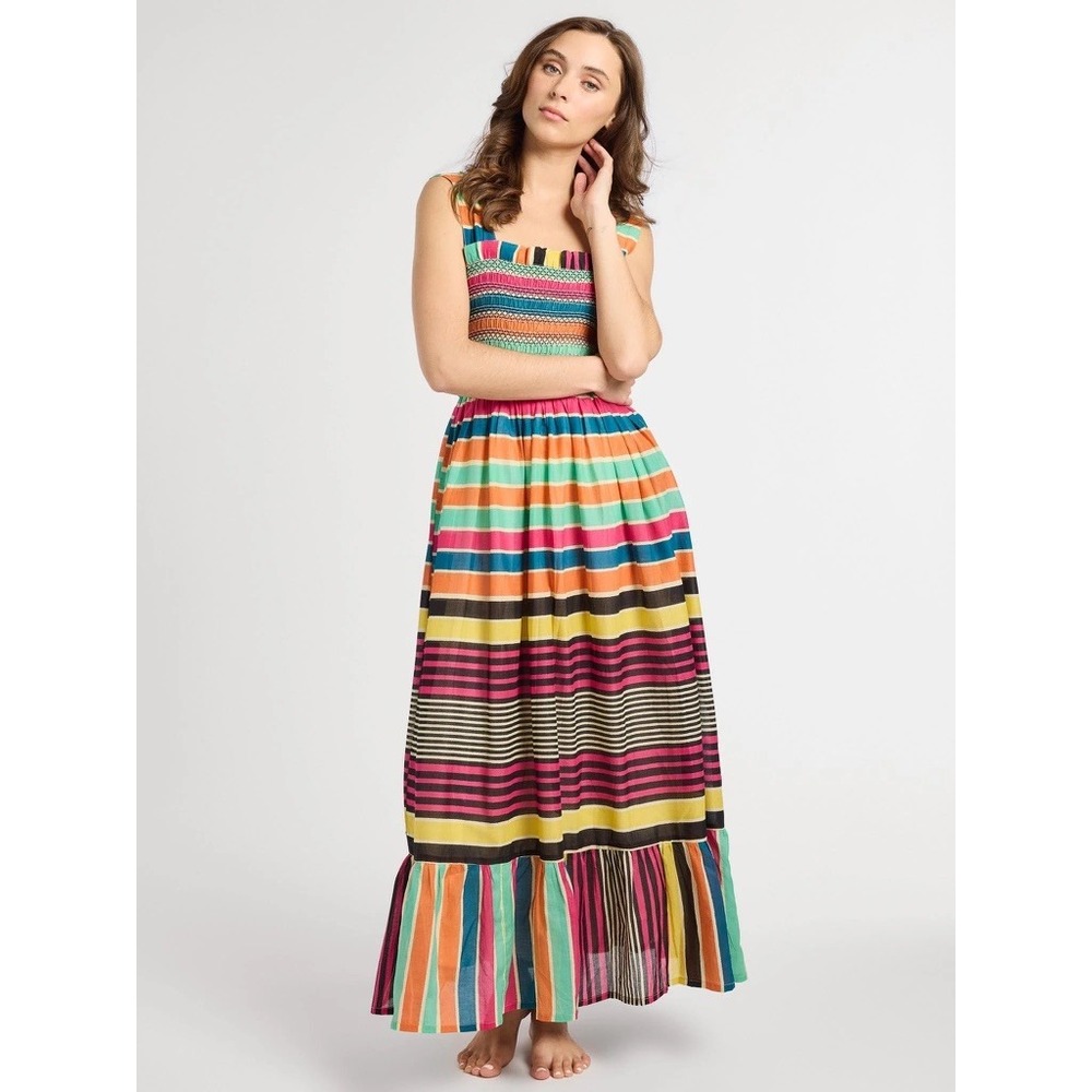Mille Multi Color Striped Smocked Tiered Ruffle Maxi Sun Dress NWT $368
